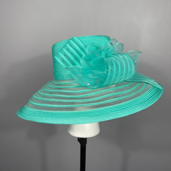 Turquoise KENTUCKY DERBY or CHURCH SERVICE HAT. BOW AND RHINESTONES. main image 4